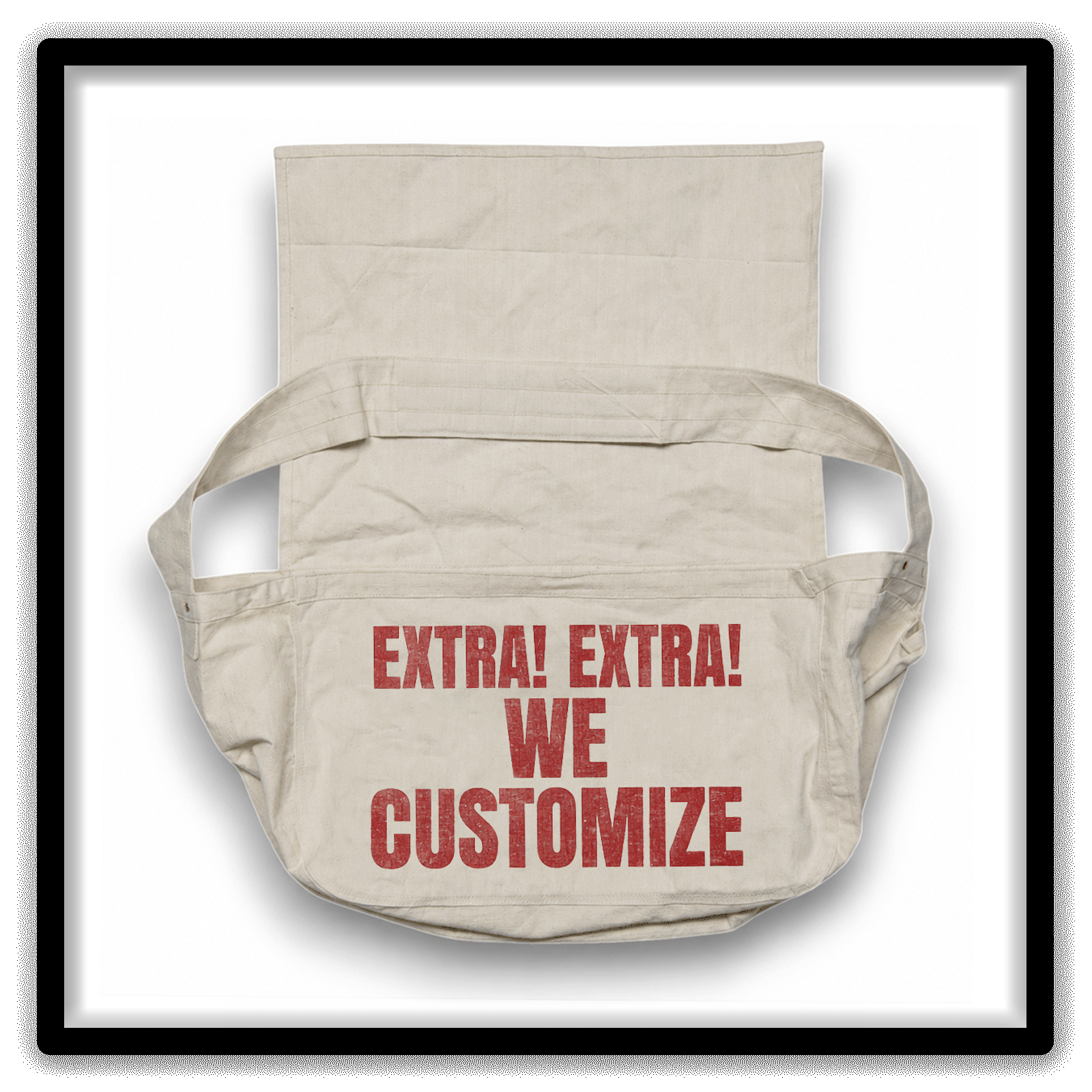 Mailman newspaper bag promotional graphic reading Extra! Extra! We Customize.