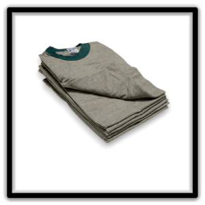 Heather gray and green vintage ringer T-shirt Printer's Half-Dozen, medium, six-shirt angled stack view