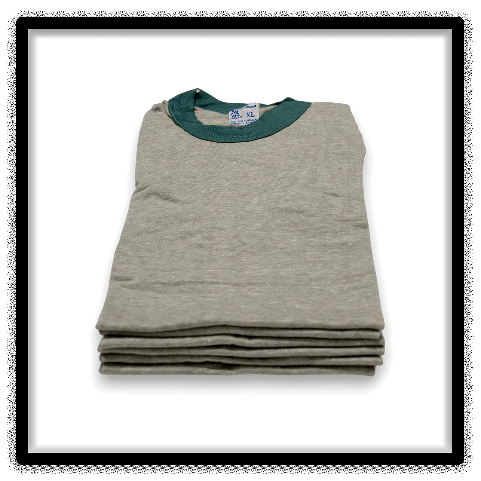 Heather gray and green vintage ringer T-shirt Printer's Half-Dozen, xl, six-shirt front stack view