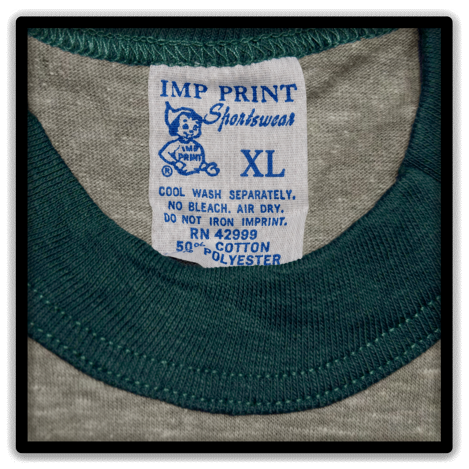 Heather gray and green vintage ringer T-shirt Printer's Half-Dozen, xl, six-shirt IMP Print Sportswear size tag detail