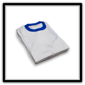 Printer's Half Dozen of 6 White and Blue medium vintage ringer blank T-shirts, angle view