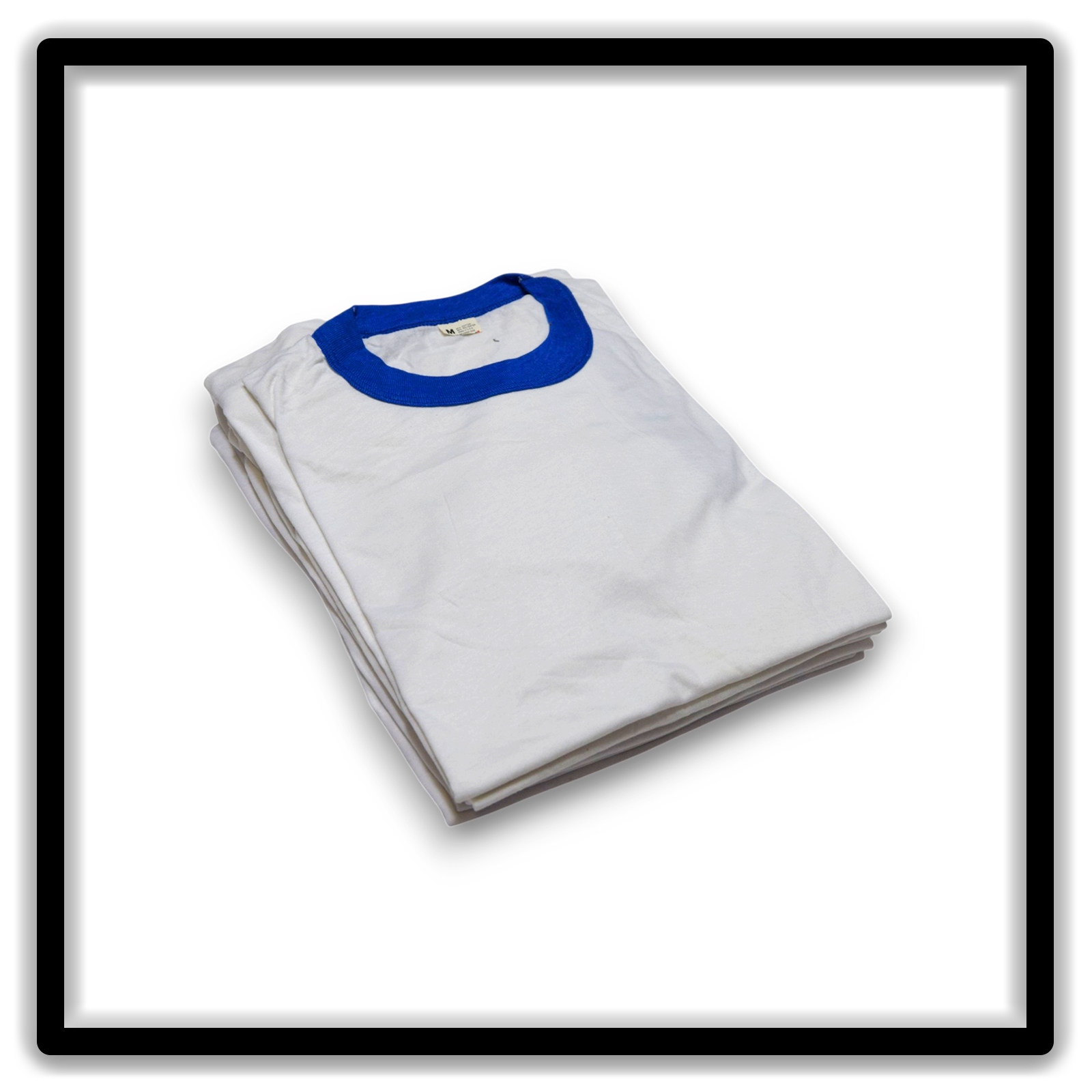 Printer's Half Dozen of 6 White and Blue medium vintage ringer blank T-shirts, angle view