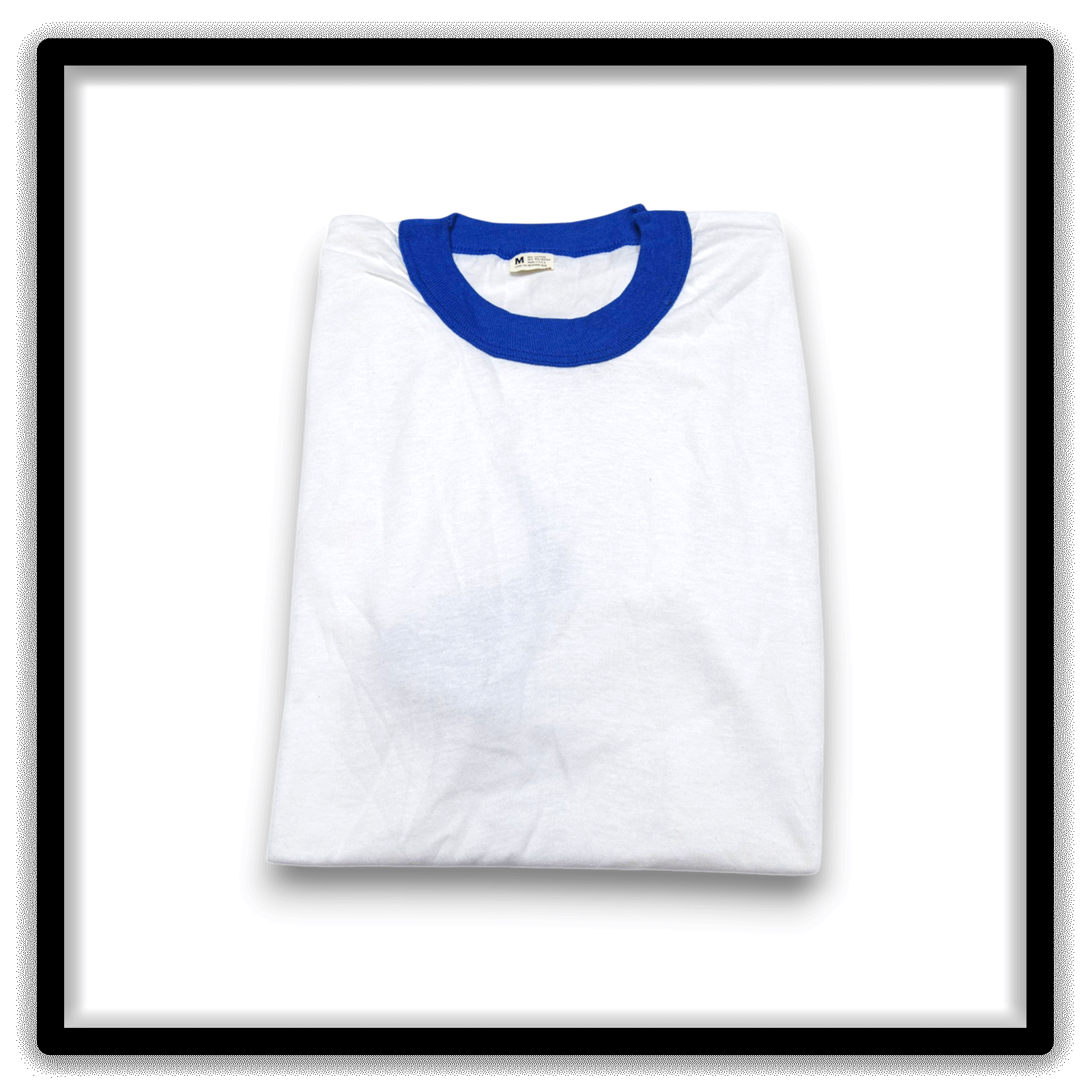Printer's Half Dozen of 6 White and Blue medium vintage ringer blank T-shirts, folded shirt view