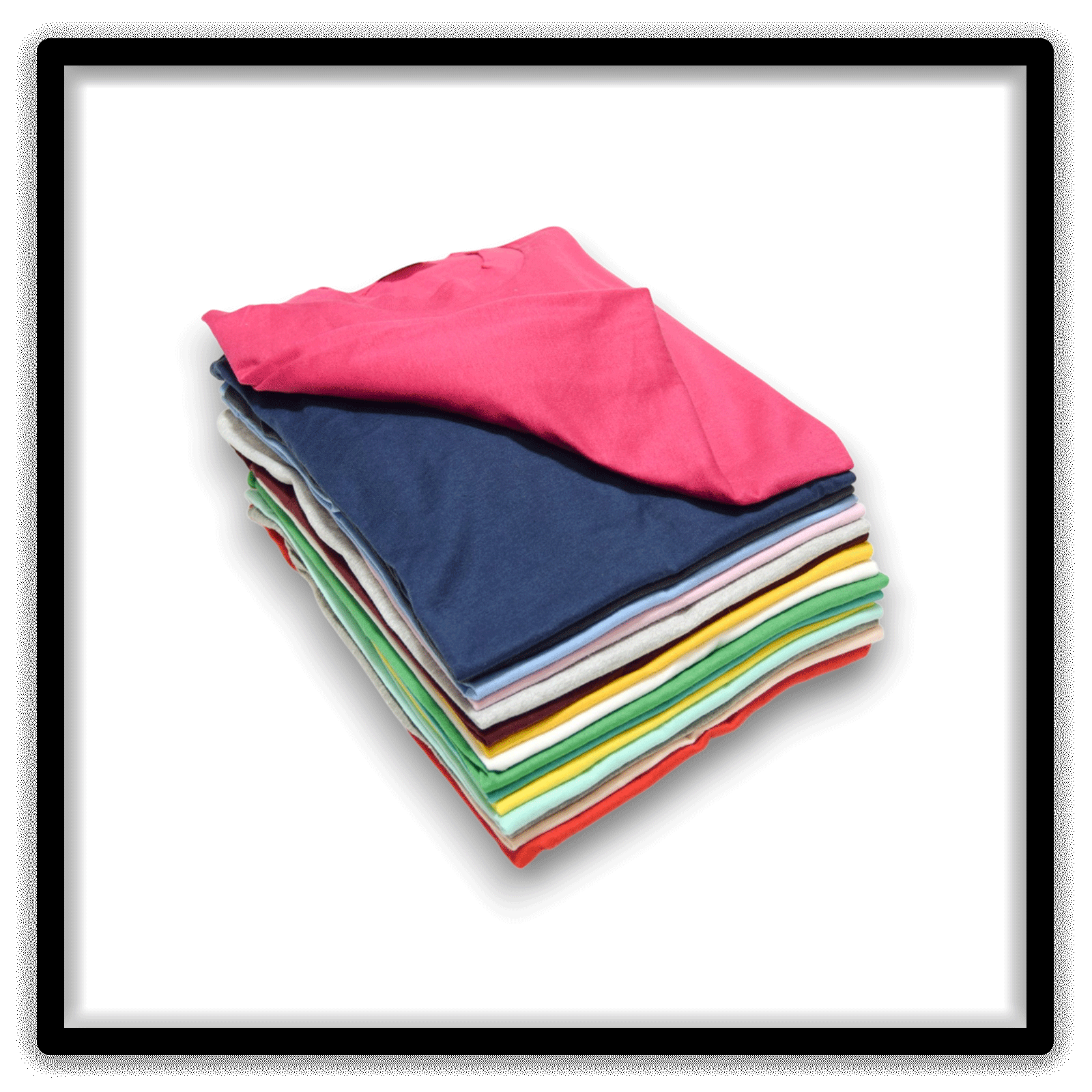 Mixed Dozen of 12 vintage single-stitch blank T-shirts, stack angle