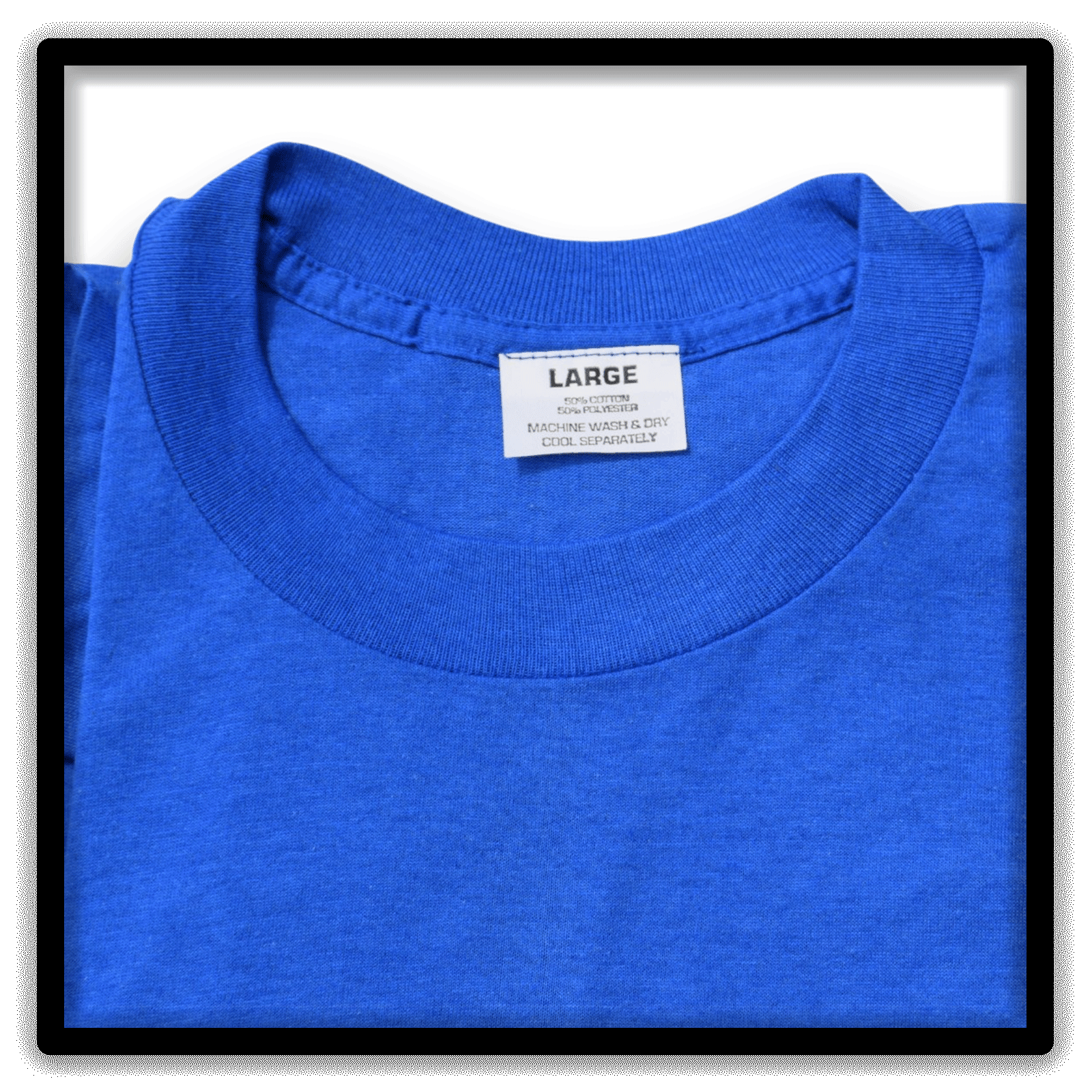 Printer's Dozen blue large vintage single-stitch blank T-shirts, collar tag detail