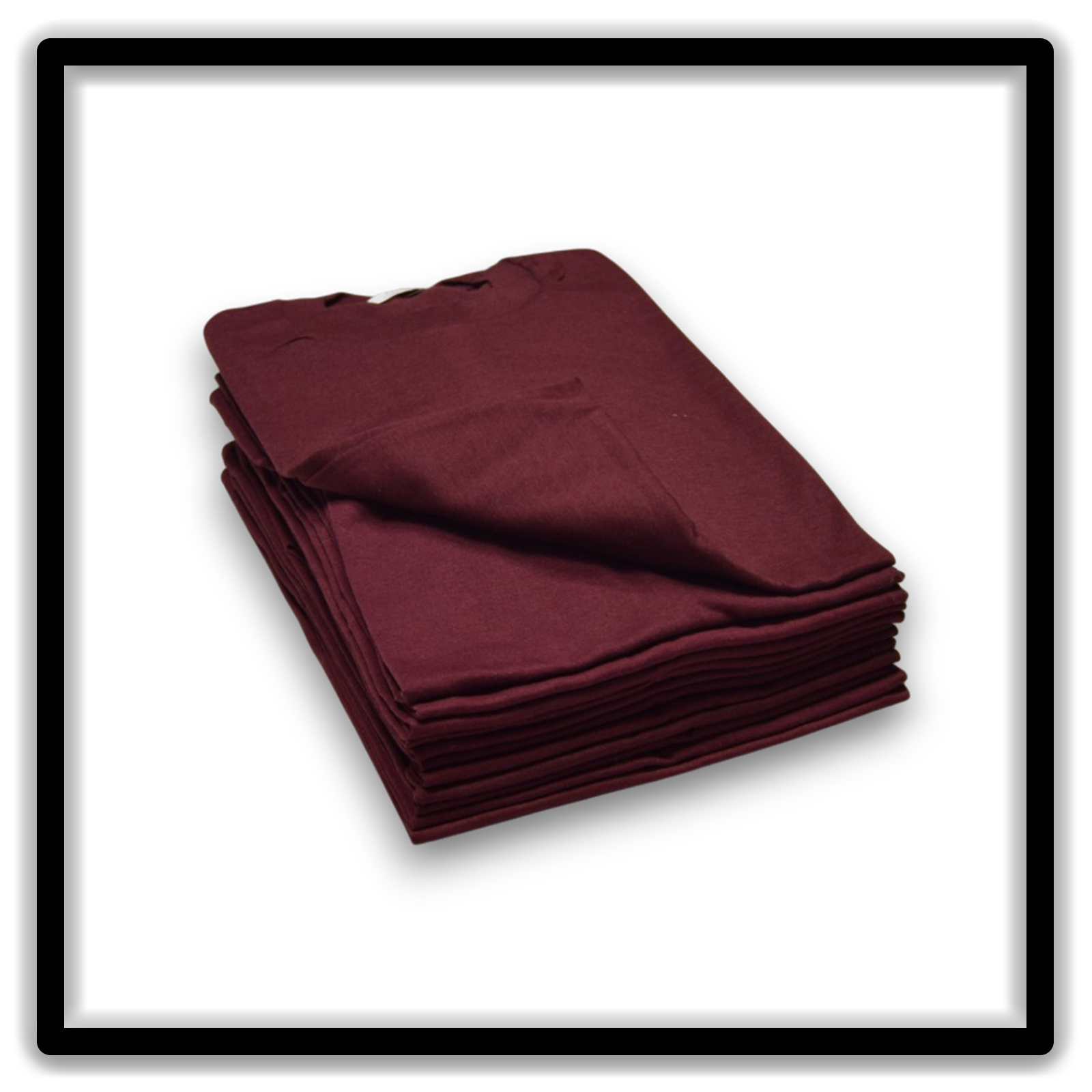 Printer's Dozen Maroon Large vintage single-stitch blank T-shirts, stack angle