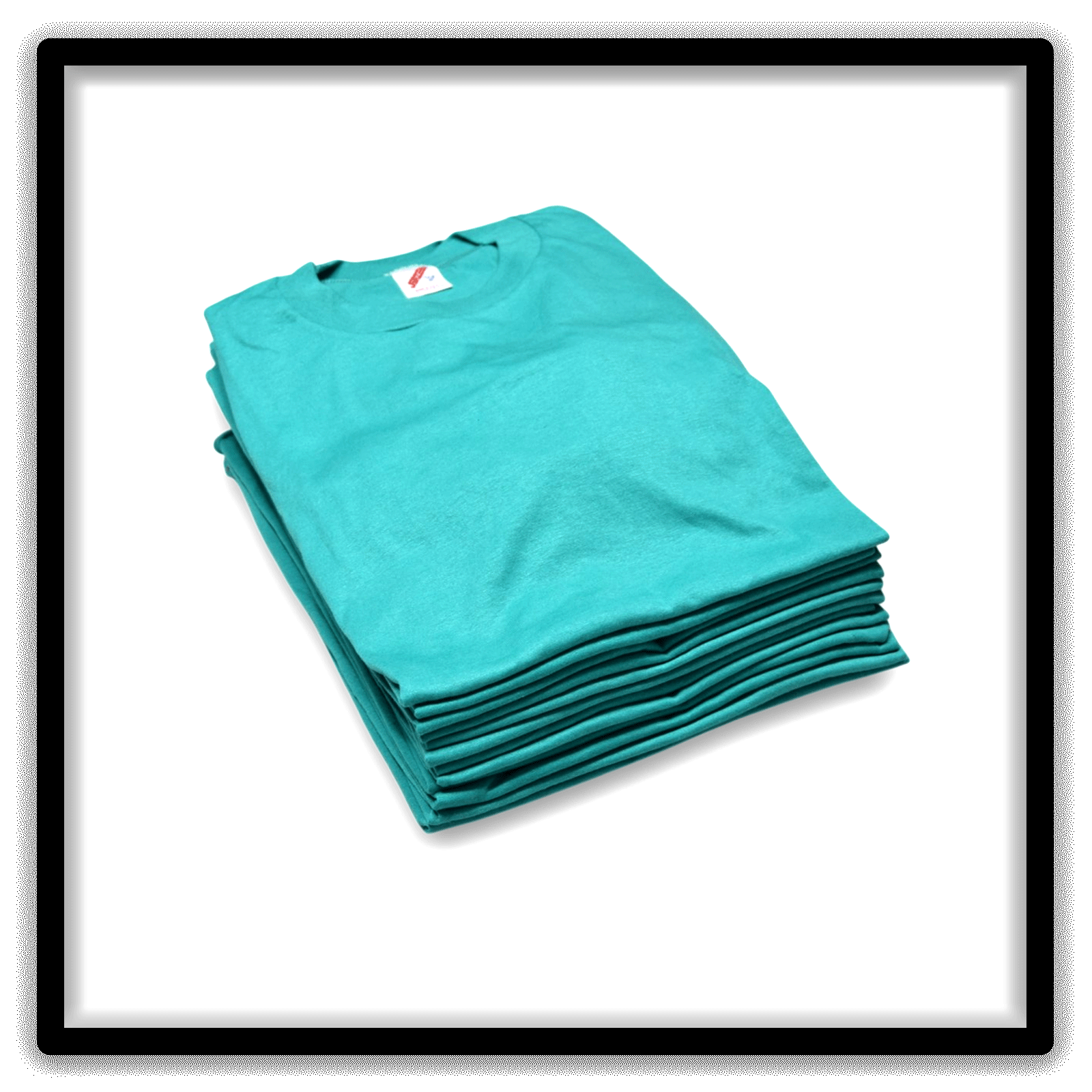 Printer's Dozen Teal Large vintage single-stitch blank T-shirts, stack angle alternate