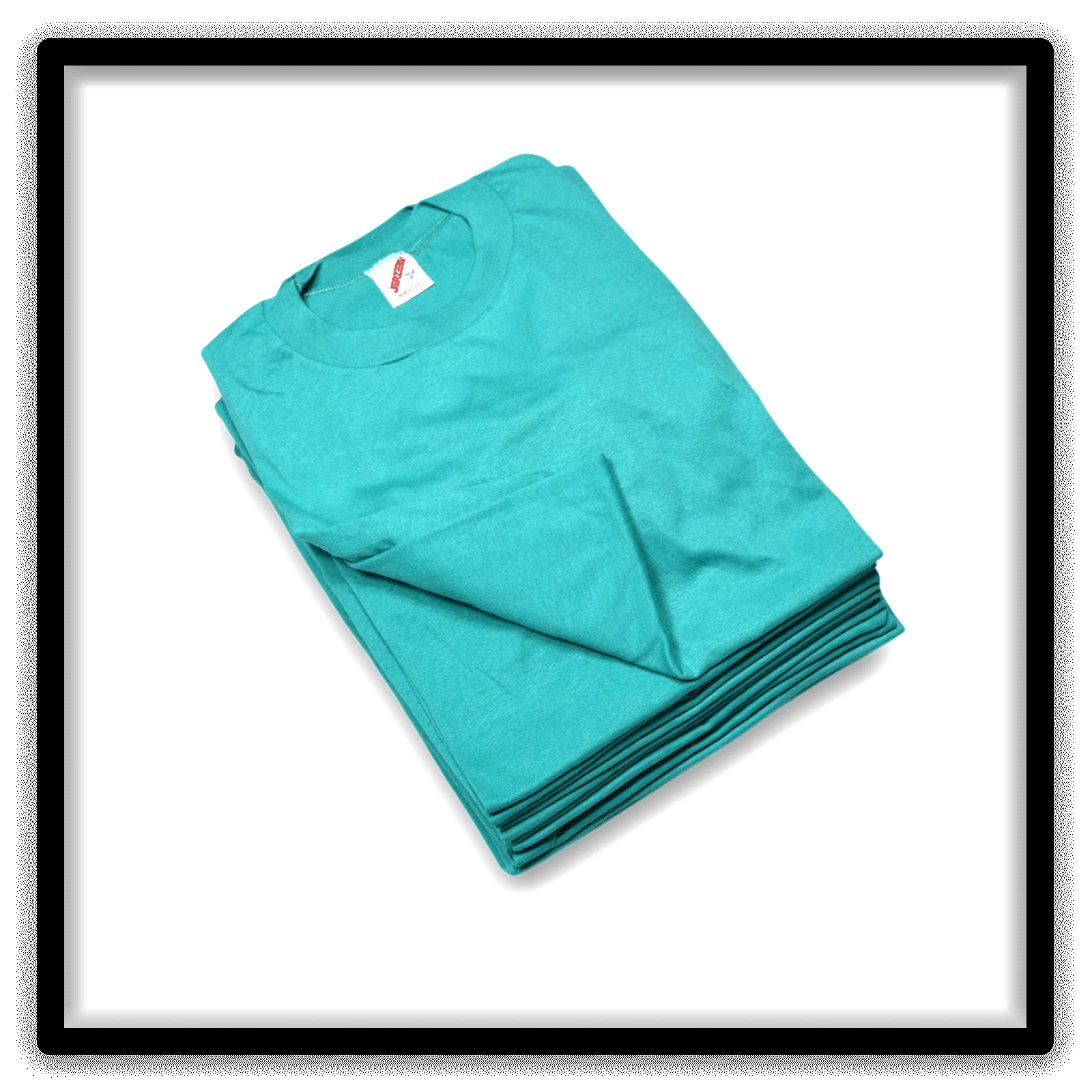 Printer's Dozen Teal Large vintage single-stitch blank T-shirts, lifted top angle
